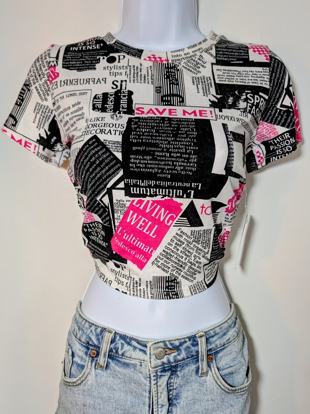 Newspaper Print Crop Top with Pink Accents